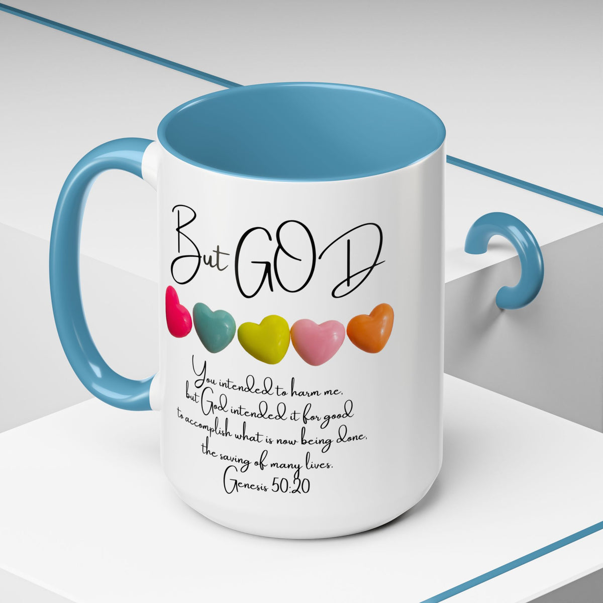 But God Scripture Coffee Mug — Genesis 50:20 Inspirational Heart Accent Mug (11/15oz)