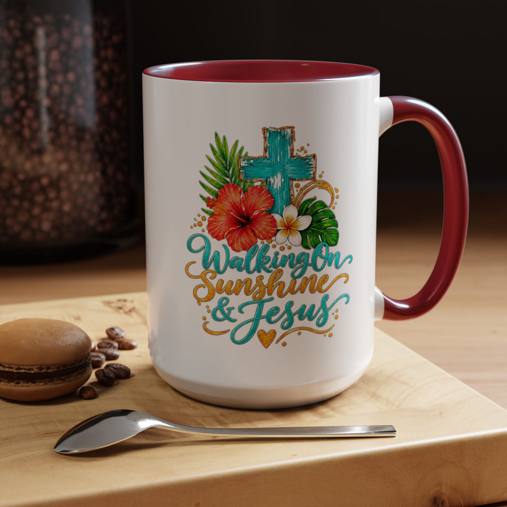 Walking on Sunshine & Jesus Coffee Mug – Floral Cross Accent Mug