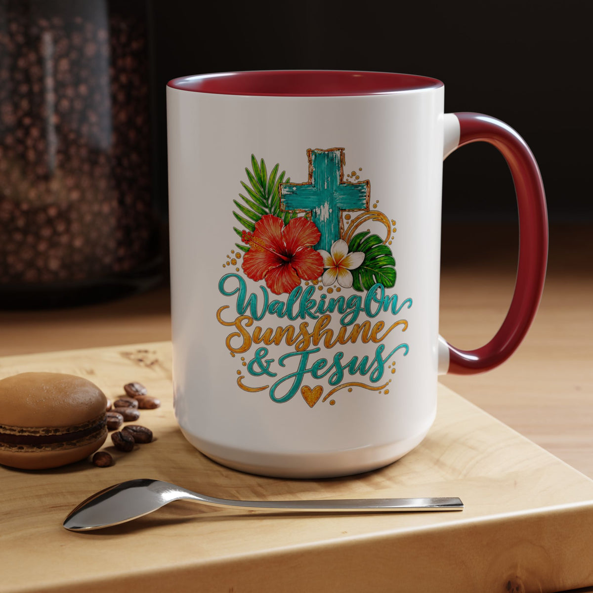 Walking on Sunshine & Jesus Coffee Mug – Floral Cross Accent Mug