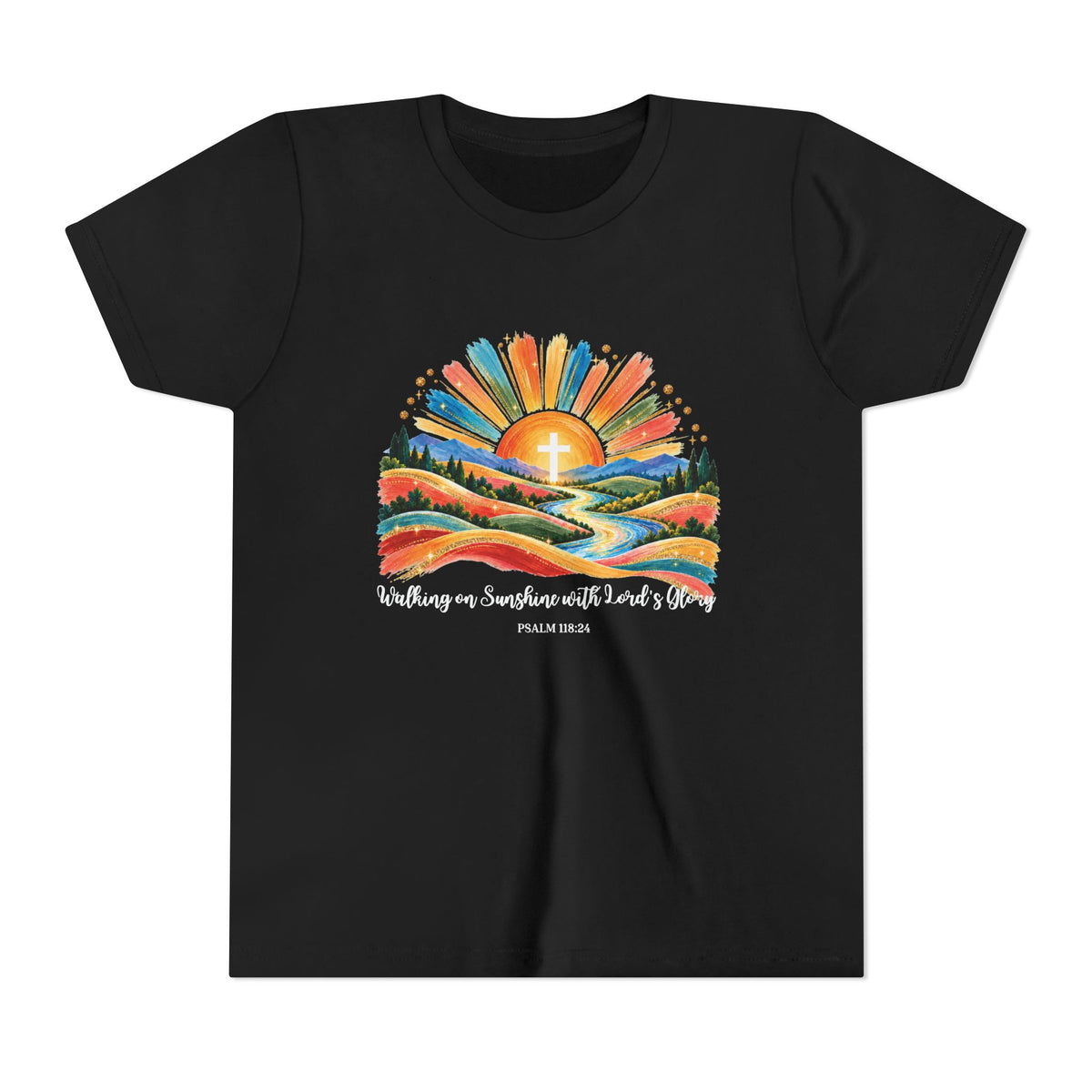 Youth Short Sleeve Tee – Walking On Sunshine with Lords Colorful Christian Sunrise Faith Shirt
