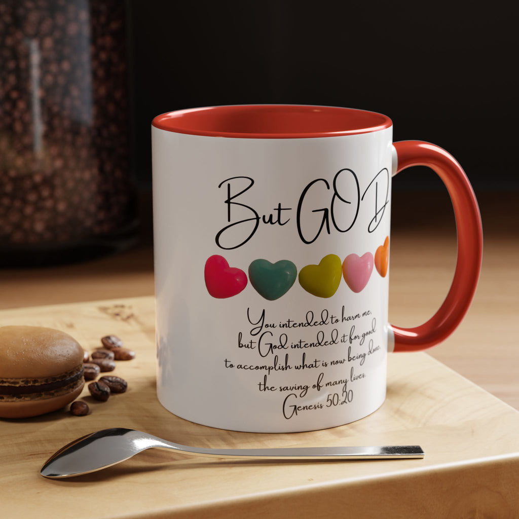 But God Scripture Coffee Mug — Genesis 50:20 Inspirational Heart Accent Mug (11/15oz)