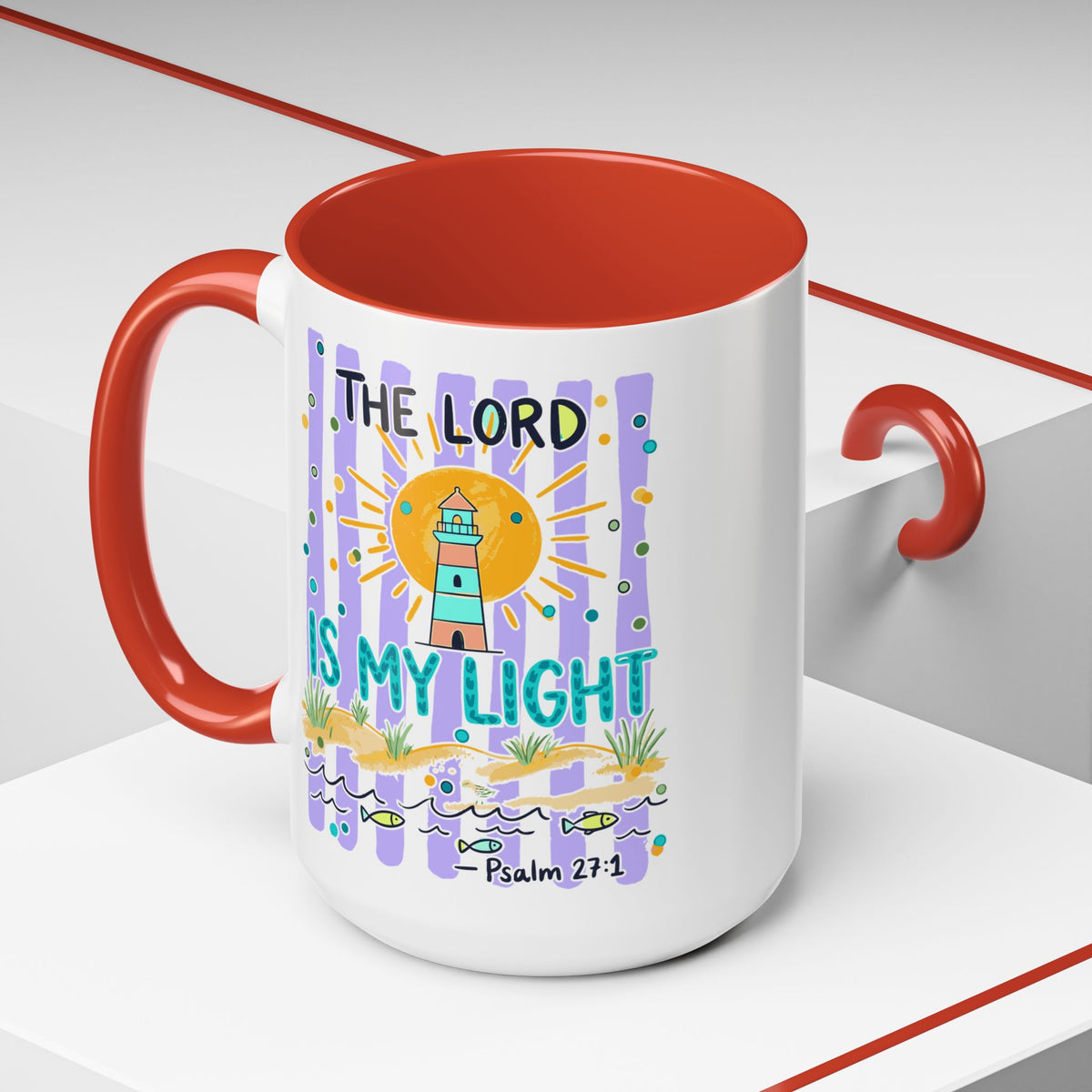 Accent Coffee Mug — “The Lord Is My Light” Lighthouse Bible Verse (Psalm 27:1)