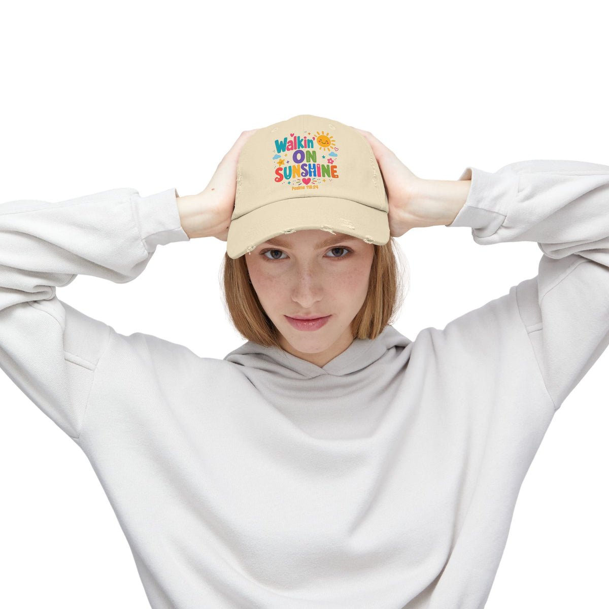 Distressed Cap — "Walkin' on Sunshine" Retro Sunshine Baseball Hat Psalm 118:24
