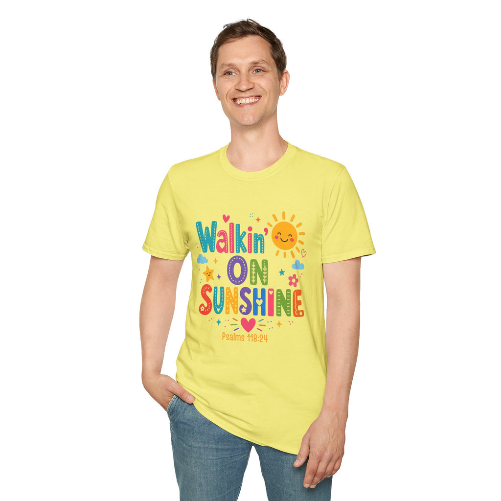 T-Shirt — "Walkin' on Sunshine" Bright Retro Sun Graphic Tee ‭‭Psalms‬ ‭118‬:‭24‬ ‭