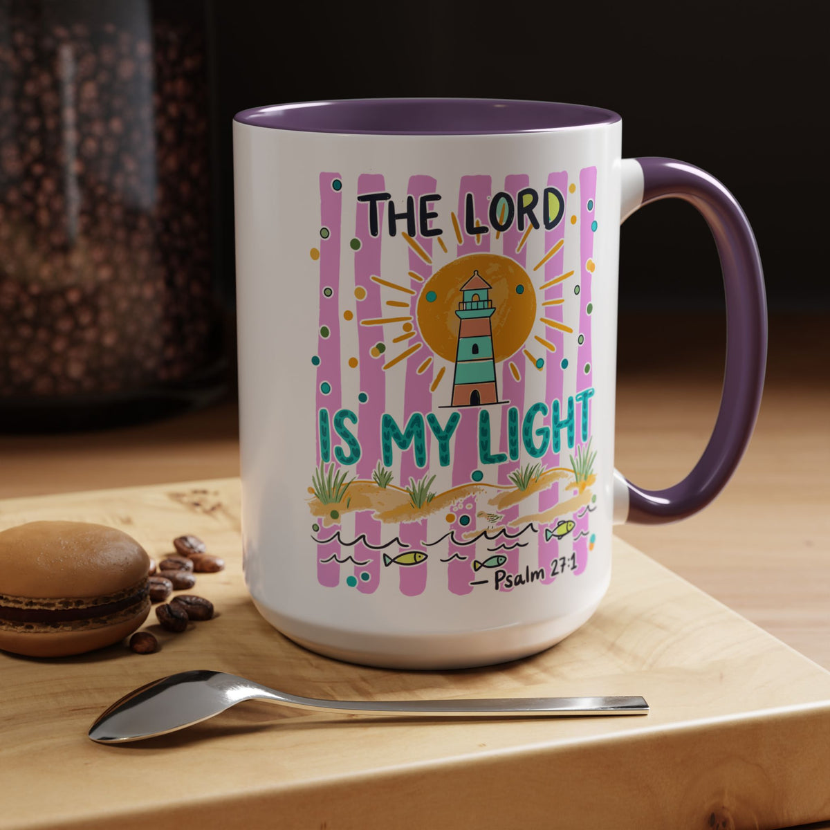 Christian Coffee Mug - "The Lord Is My Light" Lighthouse Psalm 27:1 Accent Mug