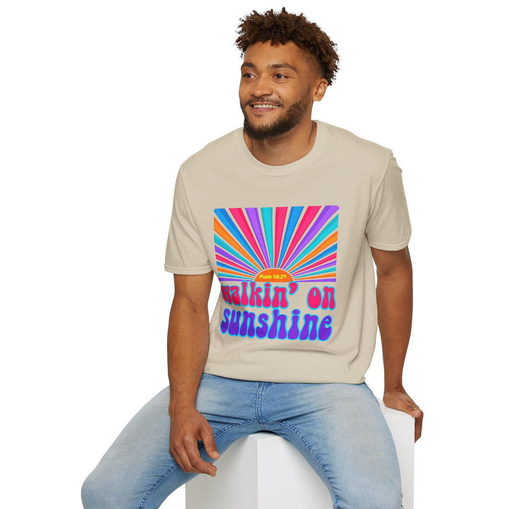 Walkin' On Sunshine Lords Glory with Lori Psalm 118:24 Retro T-Shirt — 70s Rainbow Sun Graphic Tee
