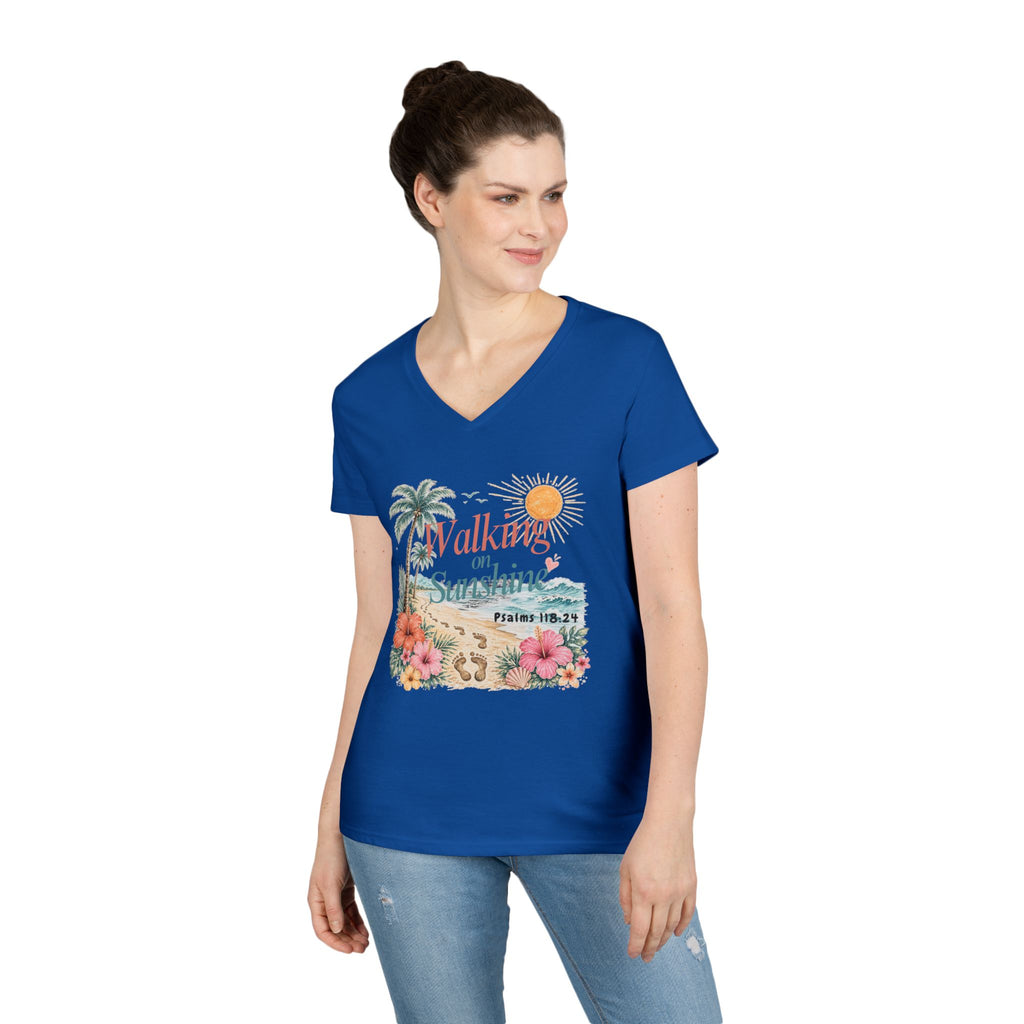 Walking on Sunshine V-Neck T-Shirt — Floral Beach Christian Psalm Tee