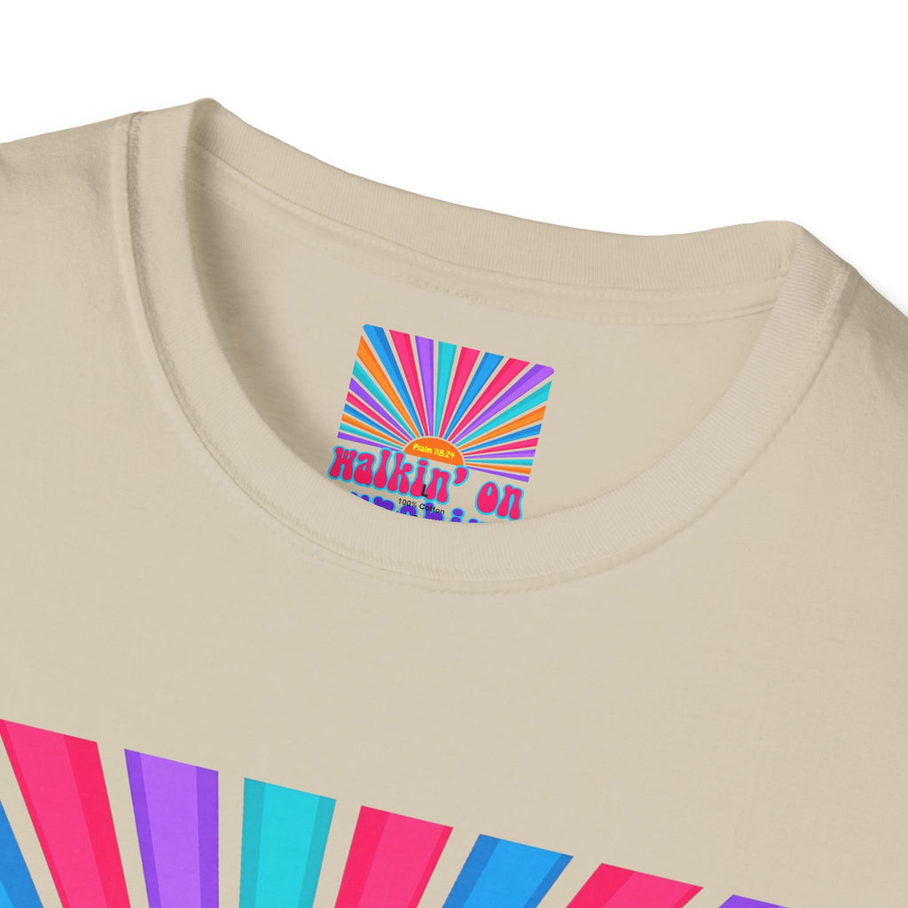 Walkin' On Sunshine Lords Glory with Lori Psalm 118:24 Retro T-Shirt — 70s Rainbow Sun Graphic Tee