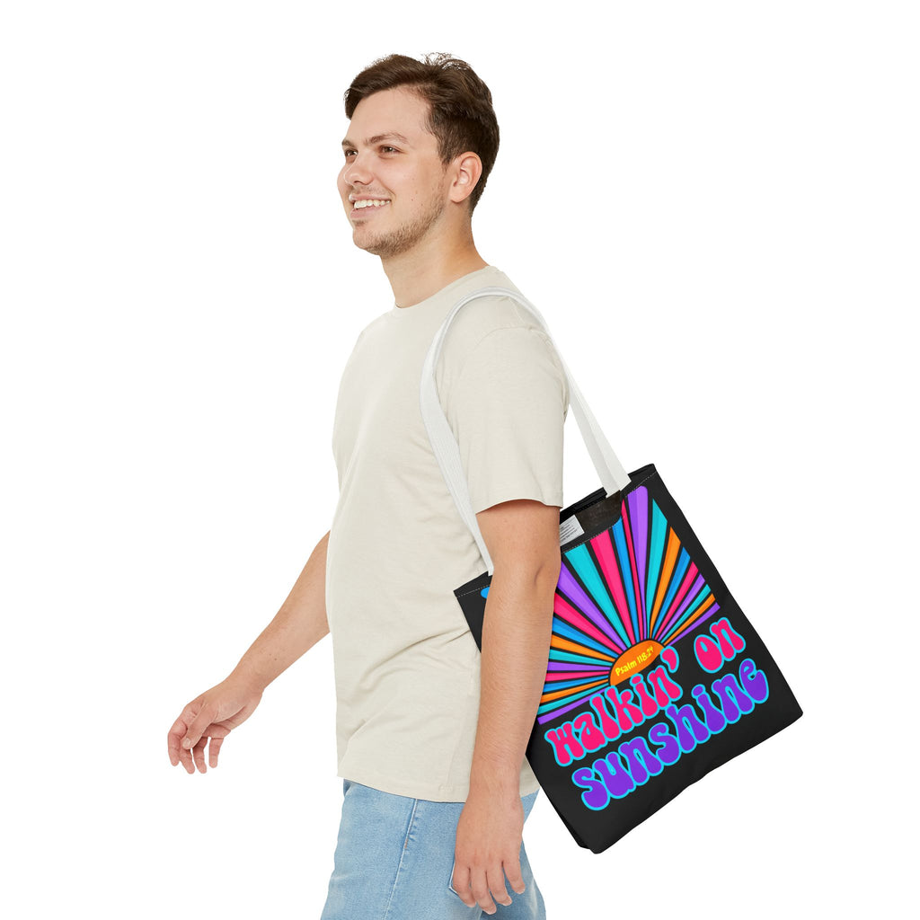 Lords Glory Sunrise Graphic Tote Bag — “Walkin' on Sunshine” Retro Psalm 118:24 Cotton AOP