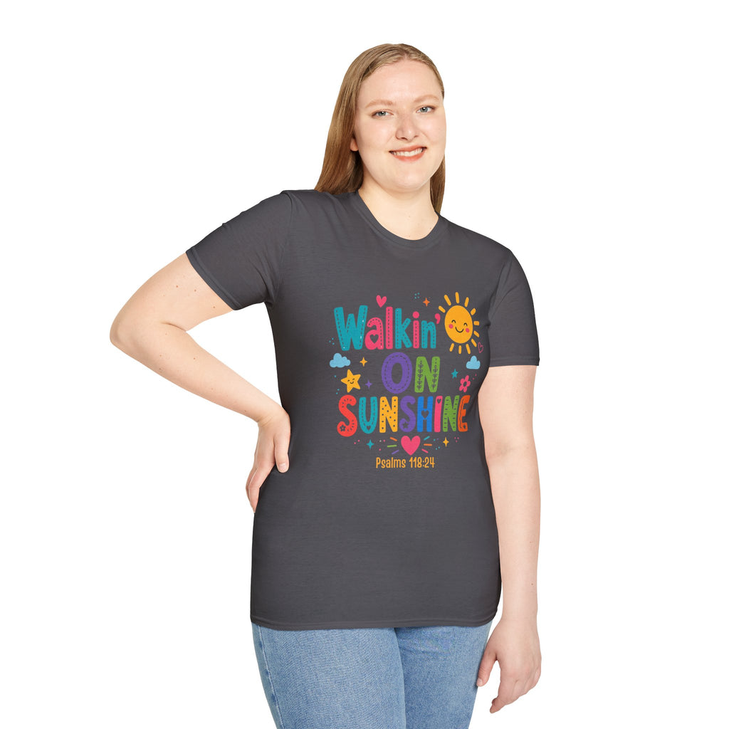 T-Shirt — "Walkin' on Sunshine" Bright Retro Sun Graphic Tee ‭‭Psalms‬ ‭118‬:‭24‬ ‭