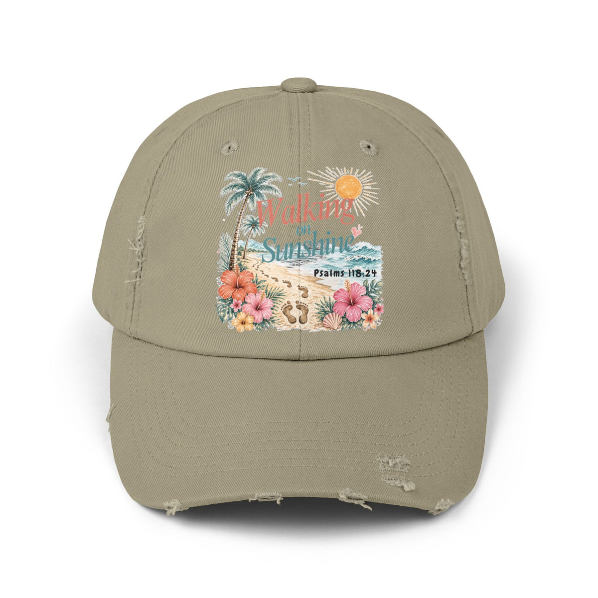 Distressed Cap — "Walk on Sunshine" Tropical Beach Baseball Hat Psalms 118:24