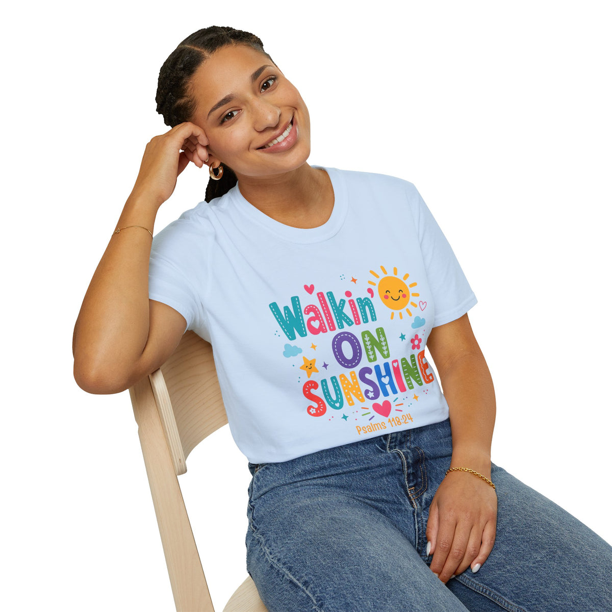 T-Shirt — "Walkin' on Sunshine" Bright Retro Sun Graphic Tee ‭‭Psalms‬ ‭118‬:‭24‬ ‭