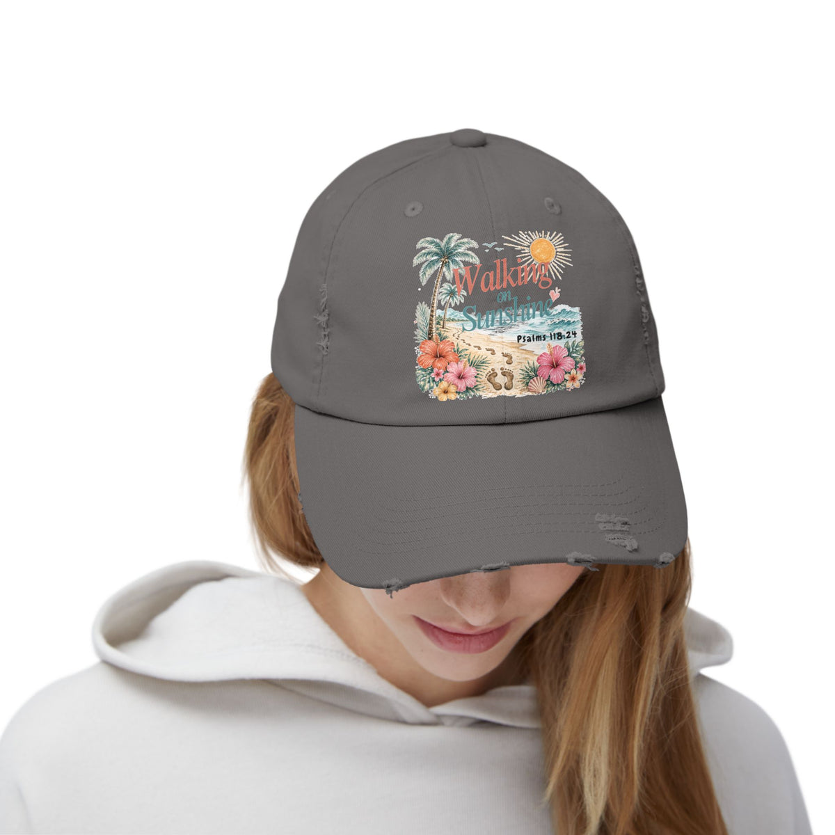 Distressed Cap — "Walk on Sunshine" Tropical Beach Baseball Hat Psalms 118:24