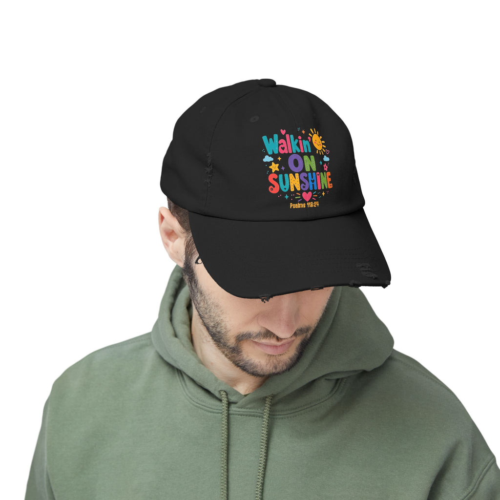 Distressed Cap — "Walkin' on Sunshine" Retro Sunshine Baseball Hat Psalm 118:24