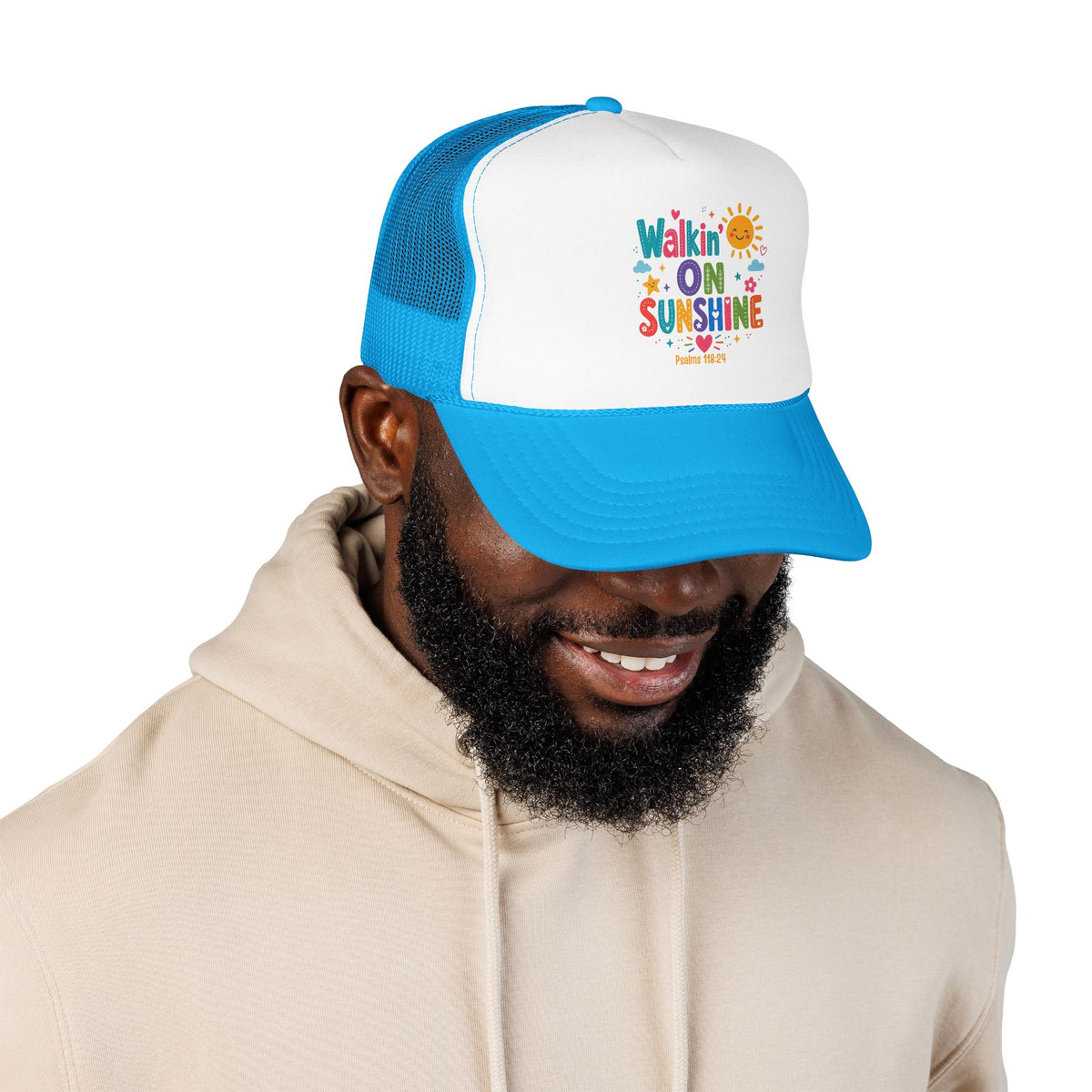 Walkin' on Sunshine Foam Trucker Hat — Retro Colorful Sunshine Design Psalm 118:24
