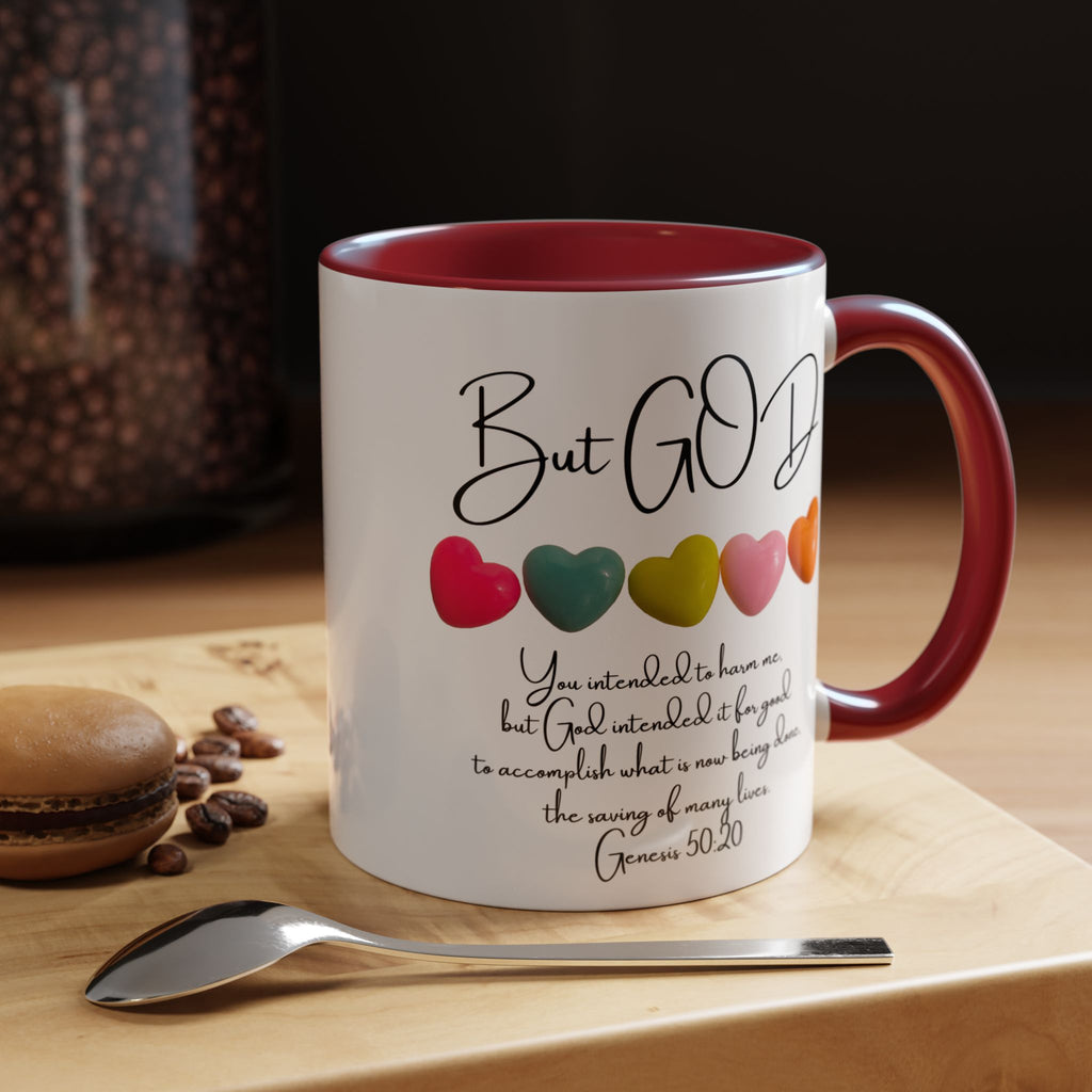 But God Scripture Coffee Mug — Genesis 50:20 Inspirational Heart Accent Mug (11/15oz)