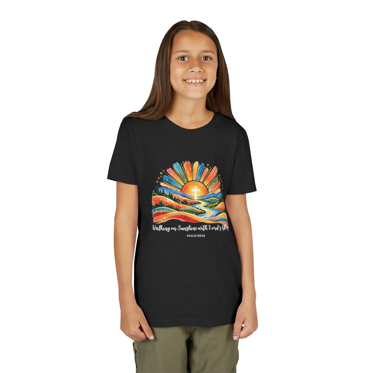 Youth Short Sleeve Tee – Walking On Sunshine with Lords Colorful Christian Sunrise Faith Shirt