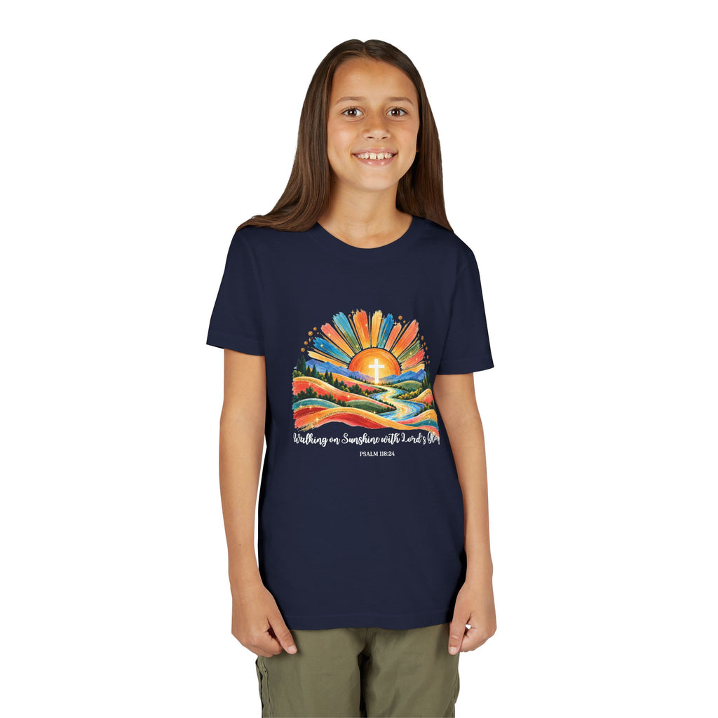 Youth Short Sleeve Tee – Walking On Sunshine with Lords Colorful Christian Sunrise Faith Shirt