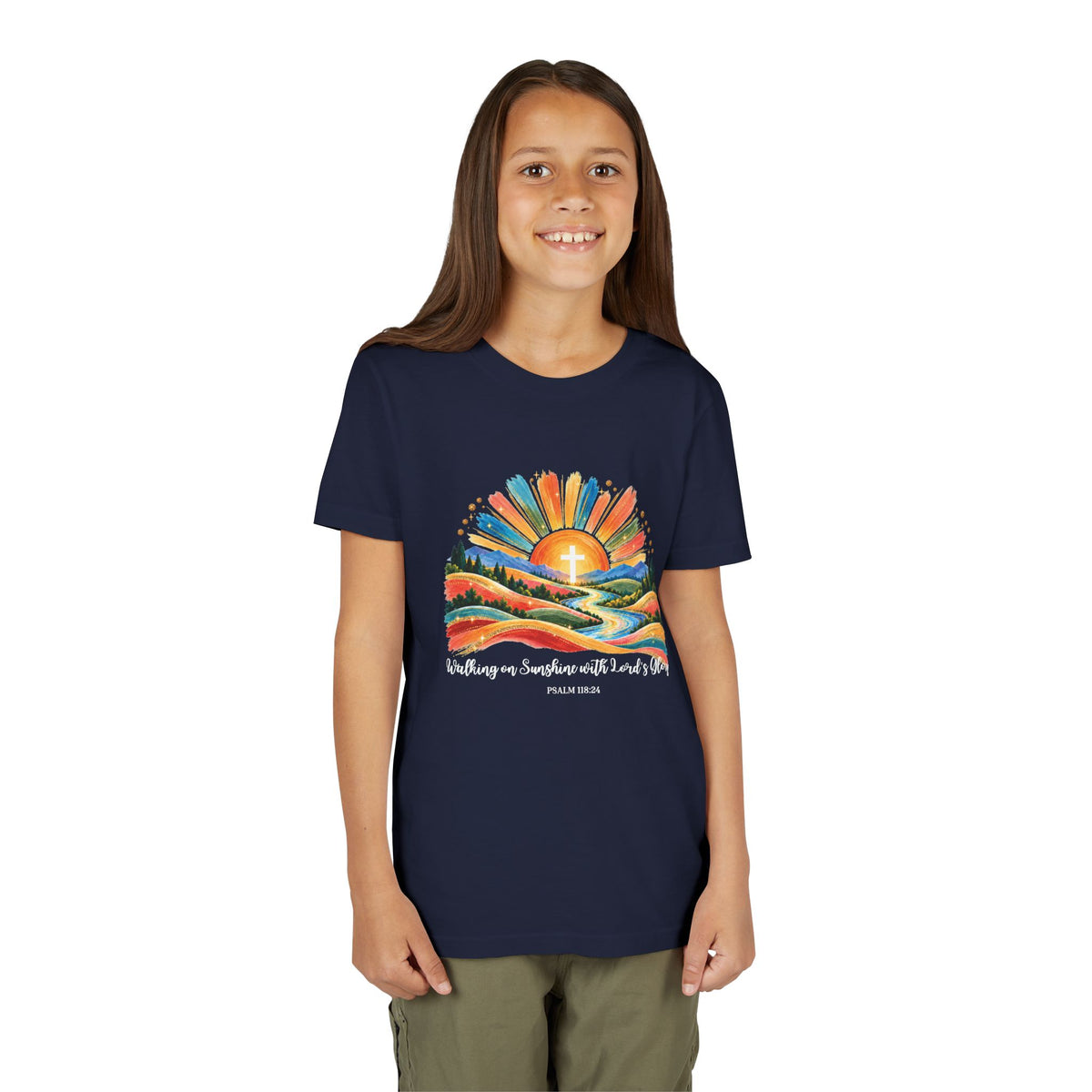 Youth Short Sleeve Tee – Walking On Sunshine with Lords Colorful Christian Sunrise Faith Shirt
