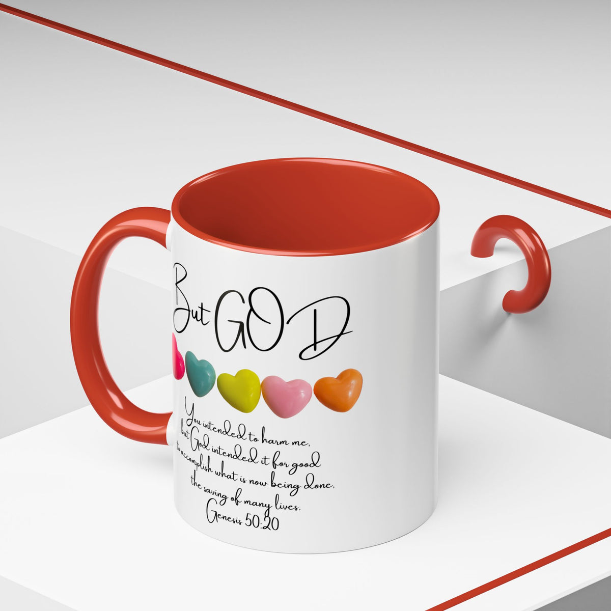 But God Scripture Coffee Mug — Genesis 50:20 Inspirational Heart Accent Mug (11/15oz)