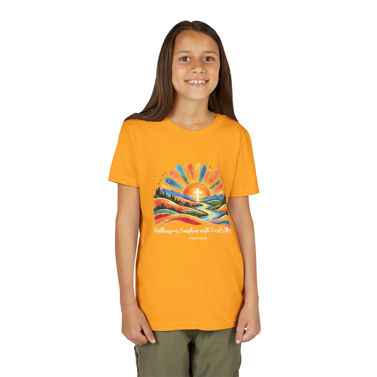 Youth Short Sleeve Tee – Walking On Sunshine with Lords Colorful Christian Sunrise Faith Shirt