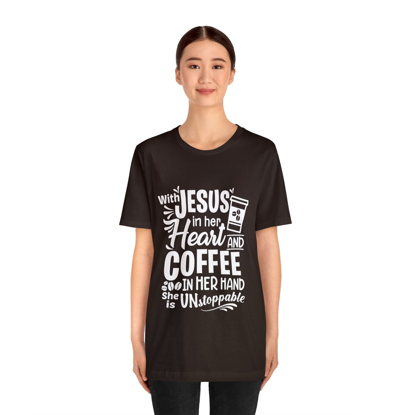 JESUS in Her Heart and Coffee - Woman's Jersey Short Sleeve Tee