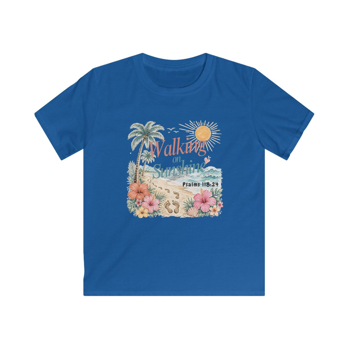 Kids Tee — "Walking in Sunshine" Floral Palm Beach Christian T‑Shirt (Psalm 118:24)