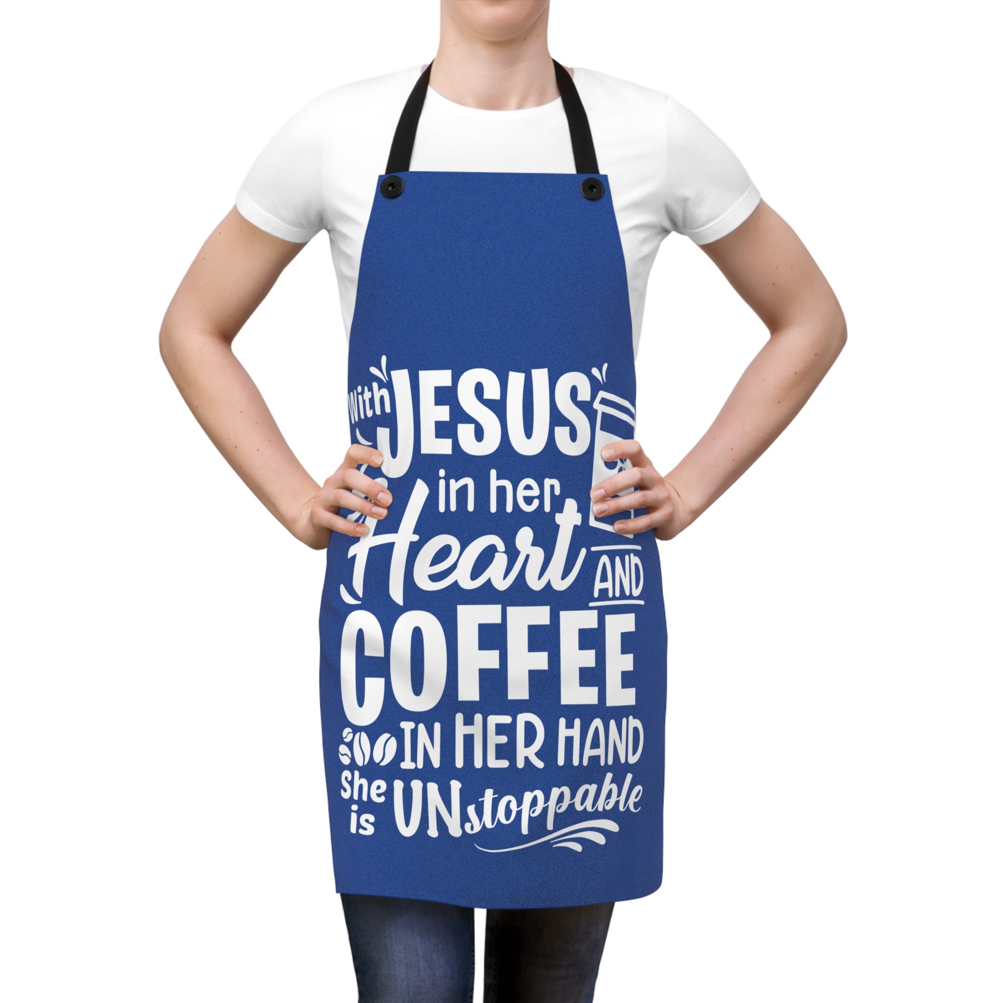 Christian Apron,  Cooking Cover, Kitchen Pinafore, Faithful BBQ Smock, Blue Jesus Coffee Chef Apron