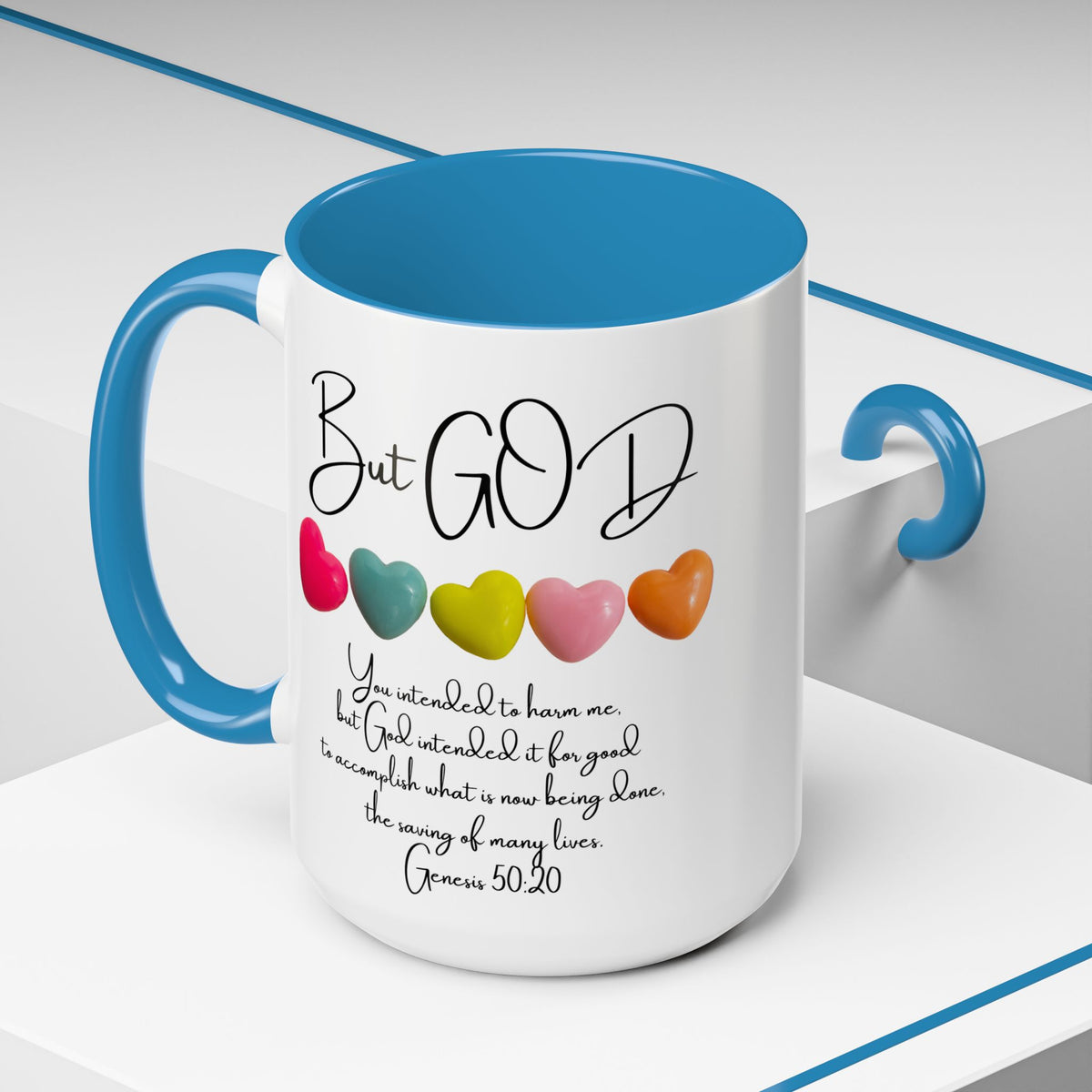 But God Scripture Coffee Mug — Genesis 50:20 Inspirational Heart Accent Mug (11/15oz)