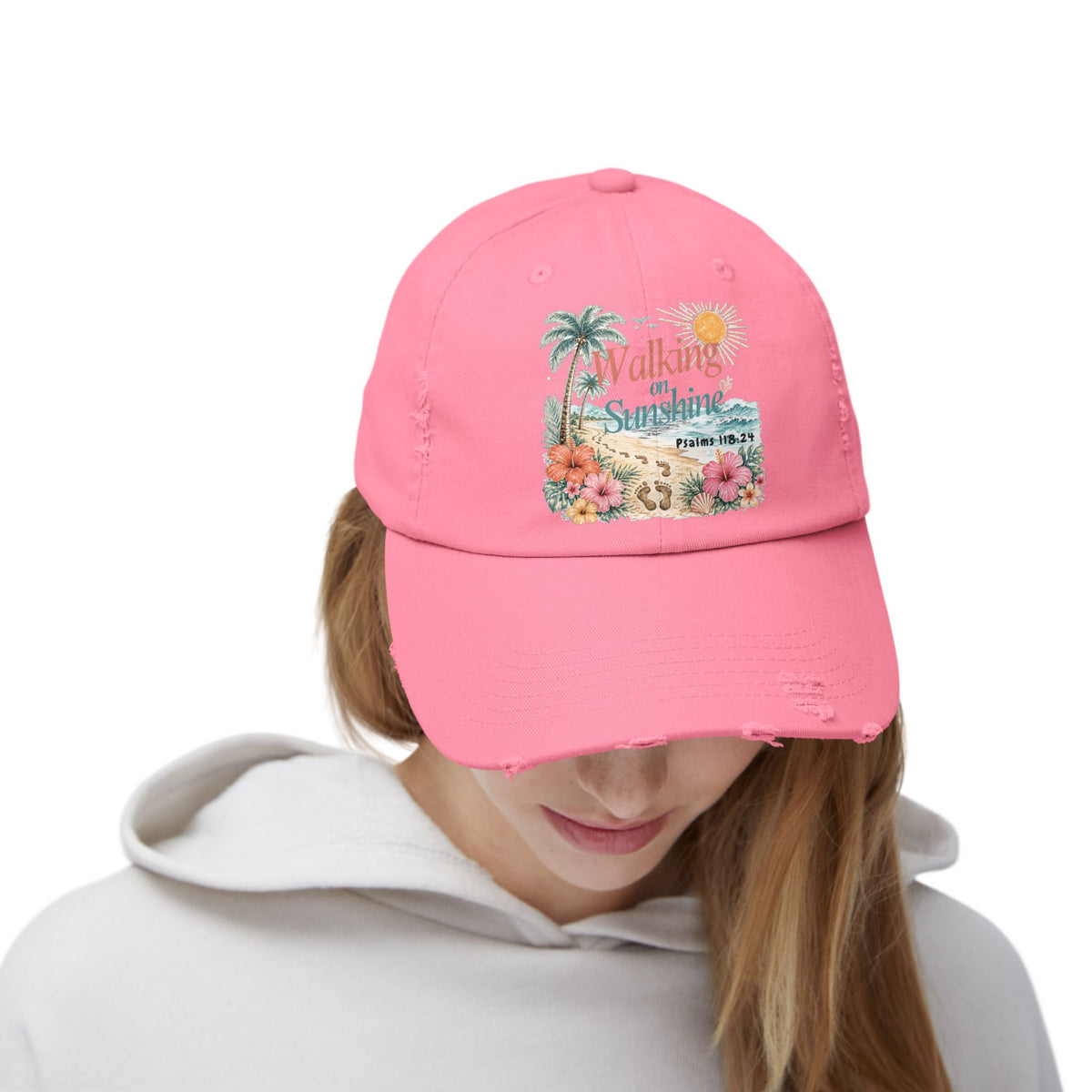 Distressed Cap — "Walk on Sunshine" Tropical Beach Baseball Hat Psalms 118:24