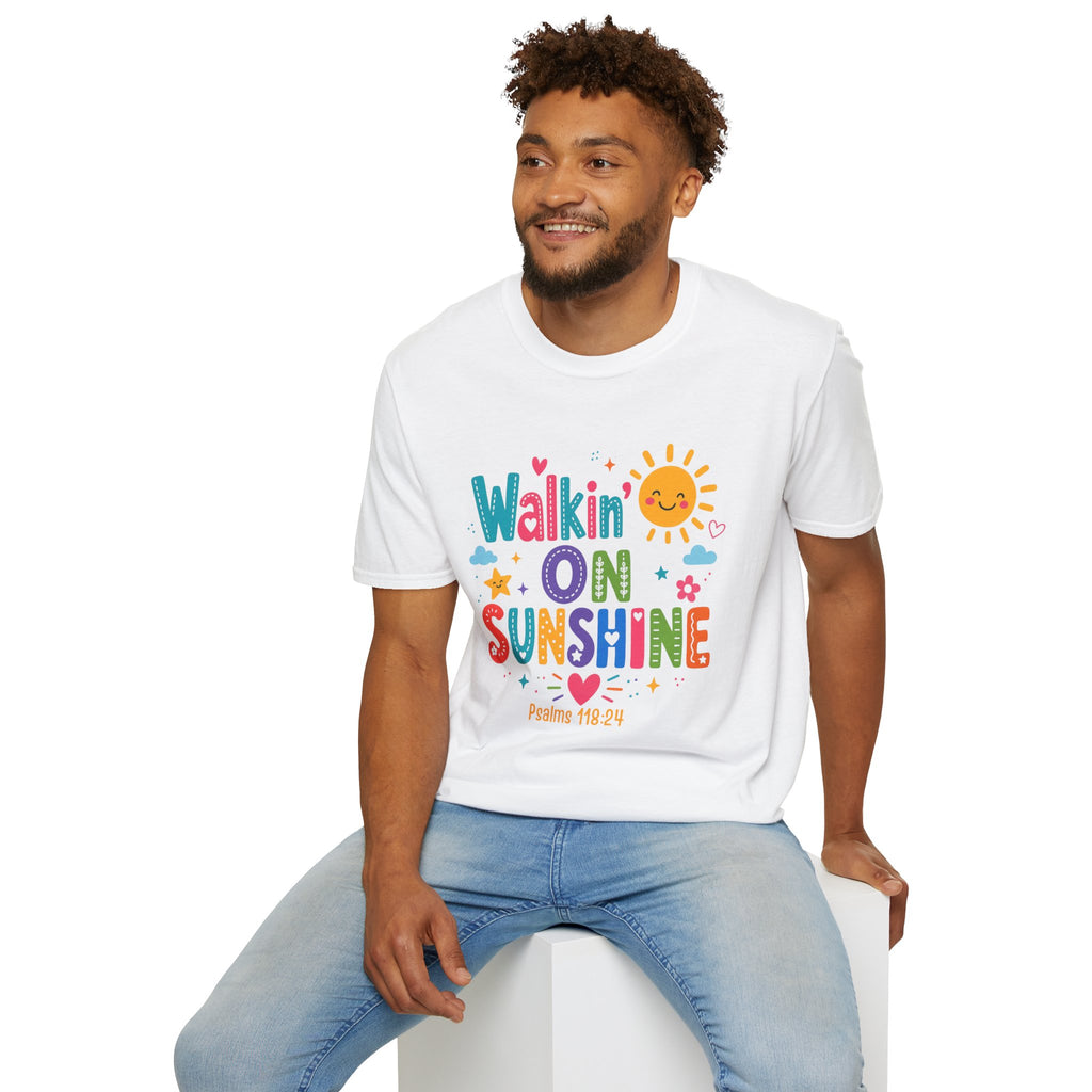 T-Shirt — "Walkin' on Sunshine" Bright Retro Sun Graphic Tee ‭‭Psalms‬ ‭118‬:‭24‬ ‭