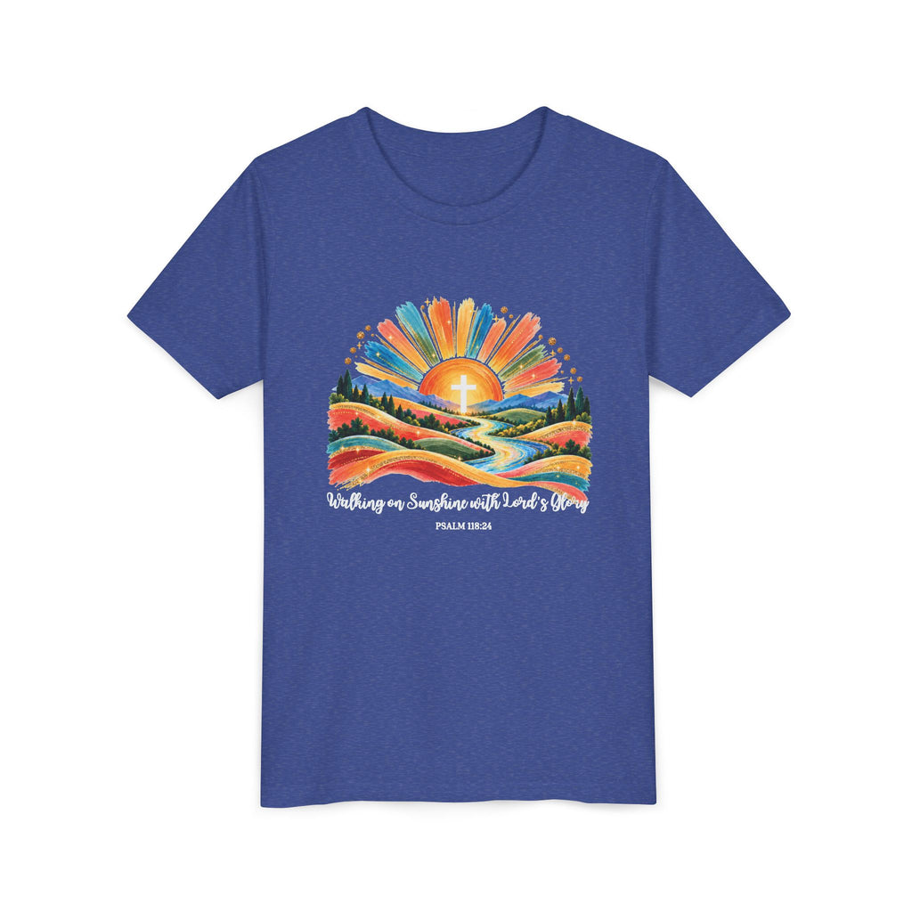 Youth Short Sleeve Tee – Walking On Sunshine with Lords Colorful Christian Sunrise Faith Shirt