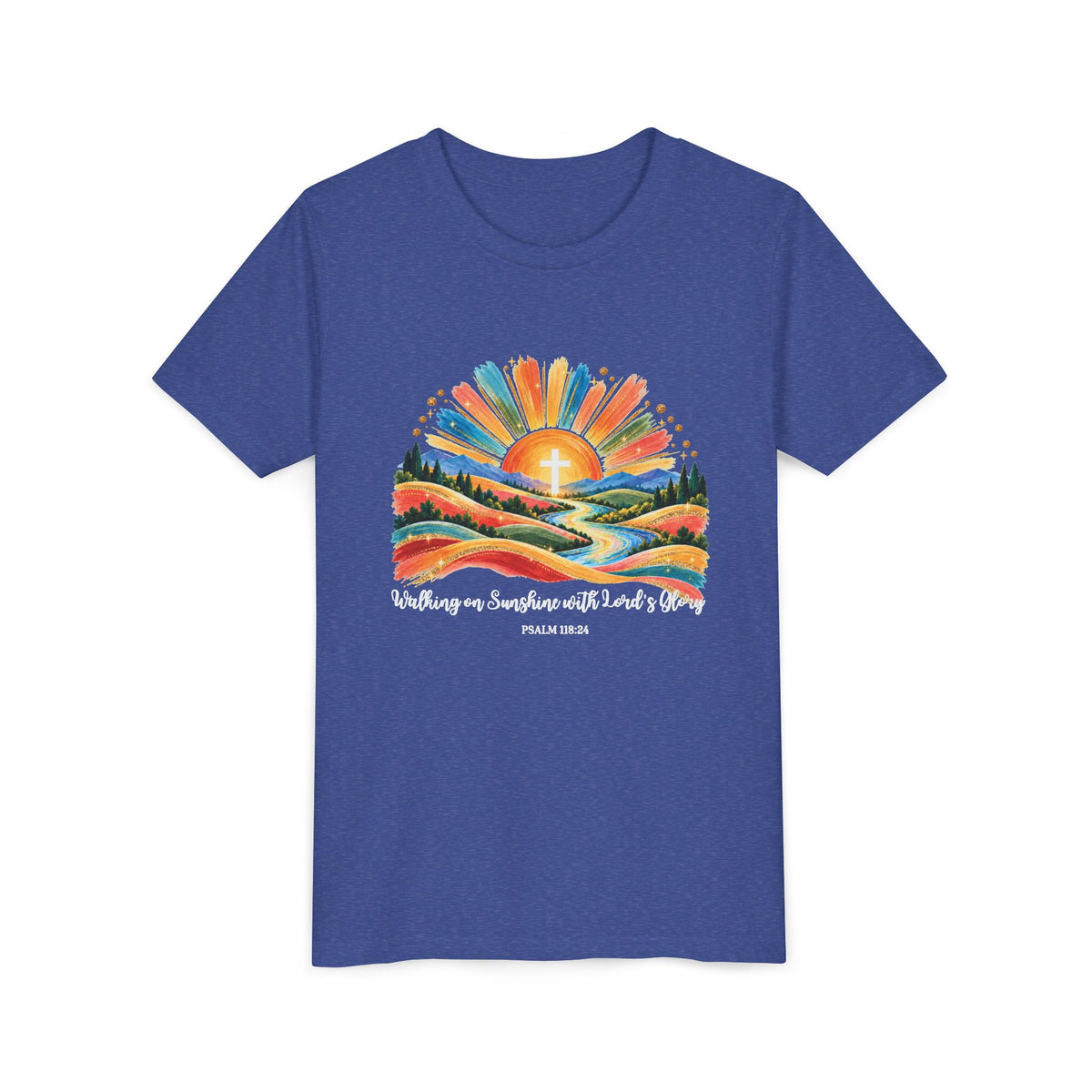 Youth Short Sleeve Tee – Walking On Sunshine with Lords Colorful Christian Sunrise Faith Shirt