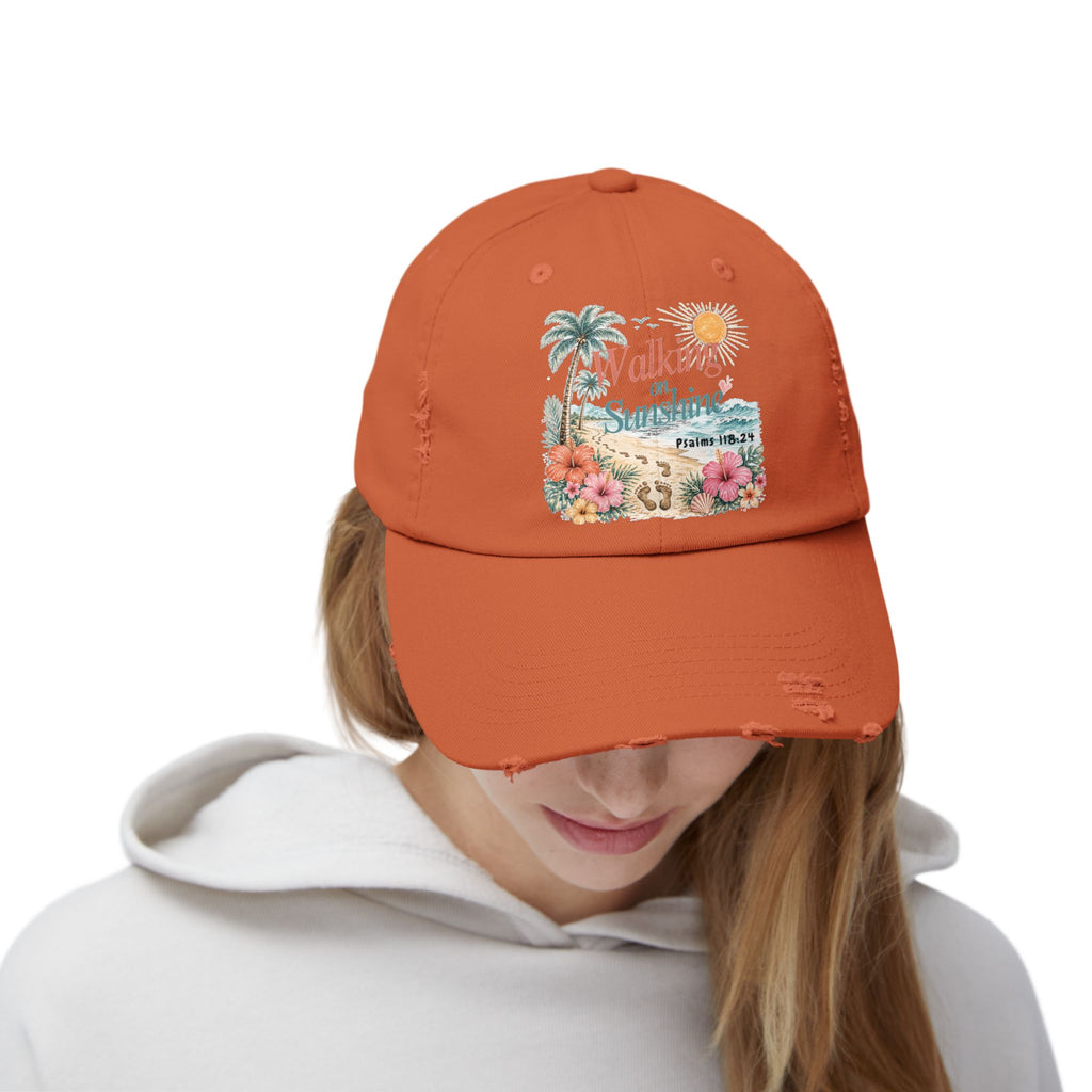 Distressed Cap — "Walk on Sunshine" Tropical Beach Baseball Hat Psalms 118:24