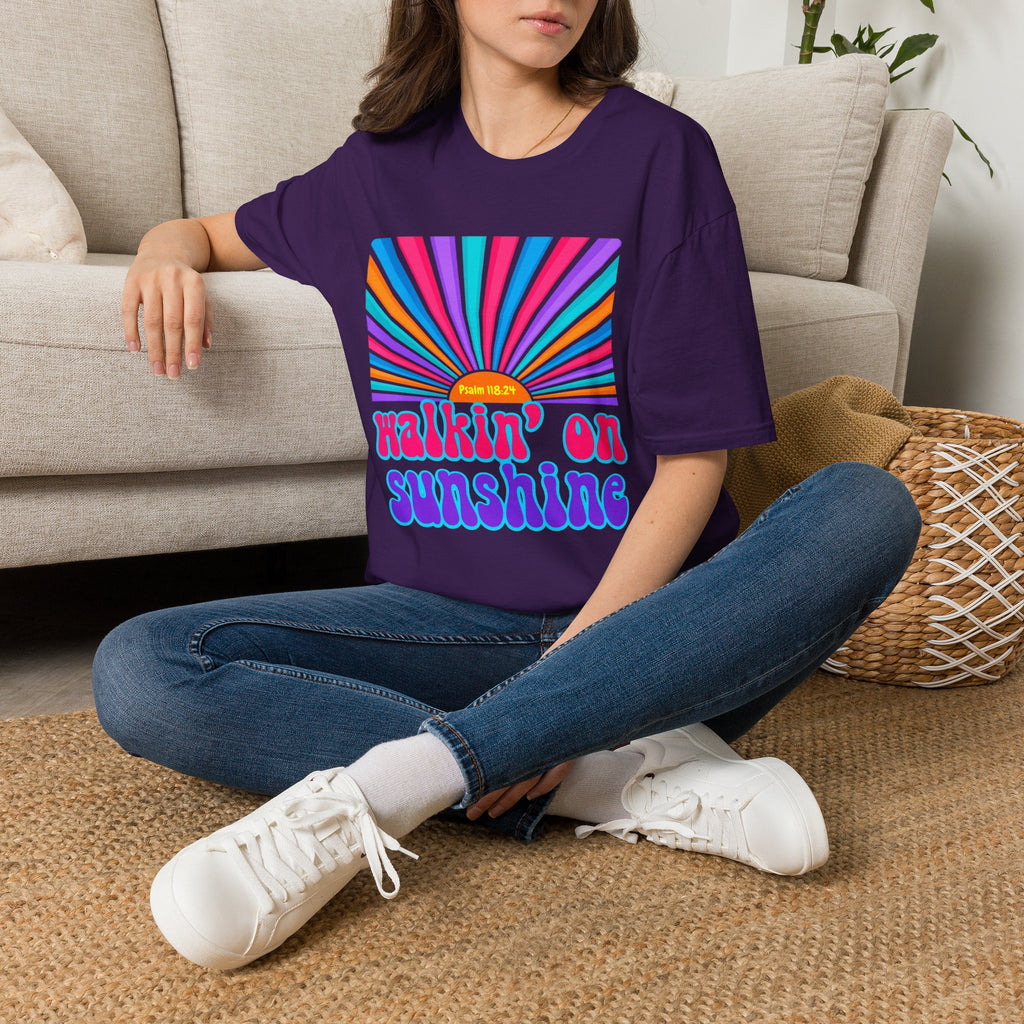 Walkin' On Sunshine Lords Glory with Lori Psalm 118:24 Retro T-Shirt — 70s Rainbow Sun Graphic Tee