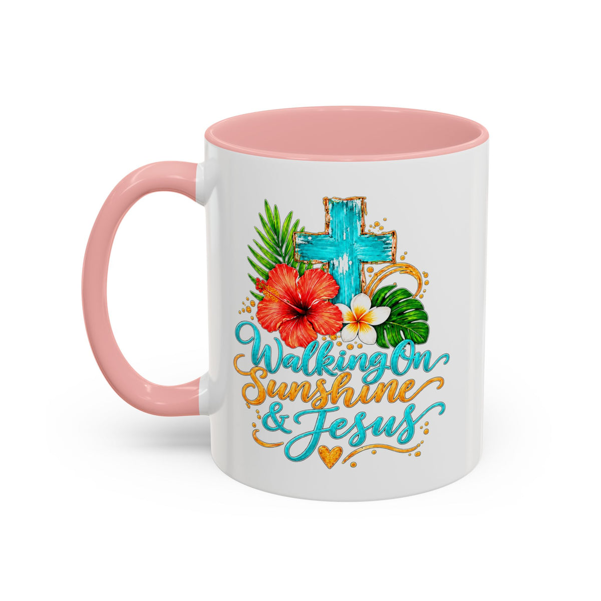 Walking on Sunshine & Jesus Coffee Mug – Floral Cross Accent Mug