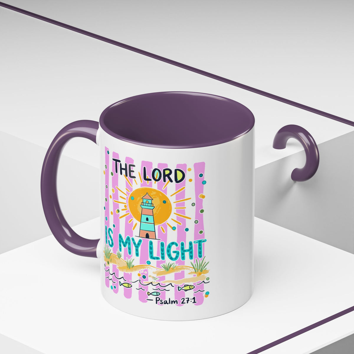 Christian Coffee Mug - "The Lord Is My Light" Lighthouse Psalm 27:1 Accent Mug