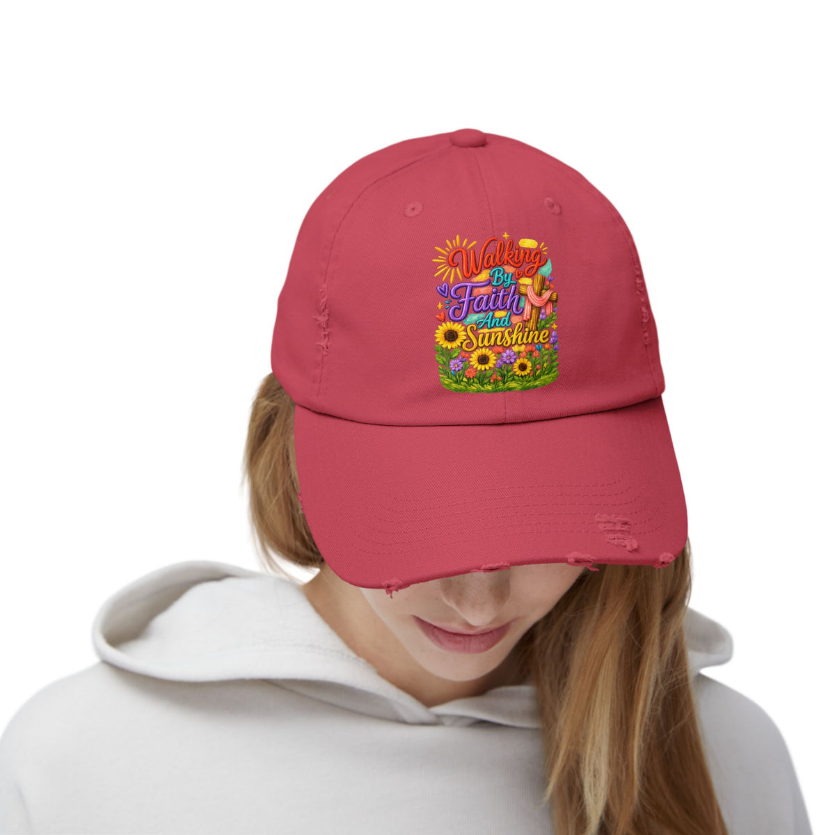 Walking by Faith and Sunshine Distressed Baseball Cap