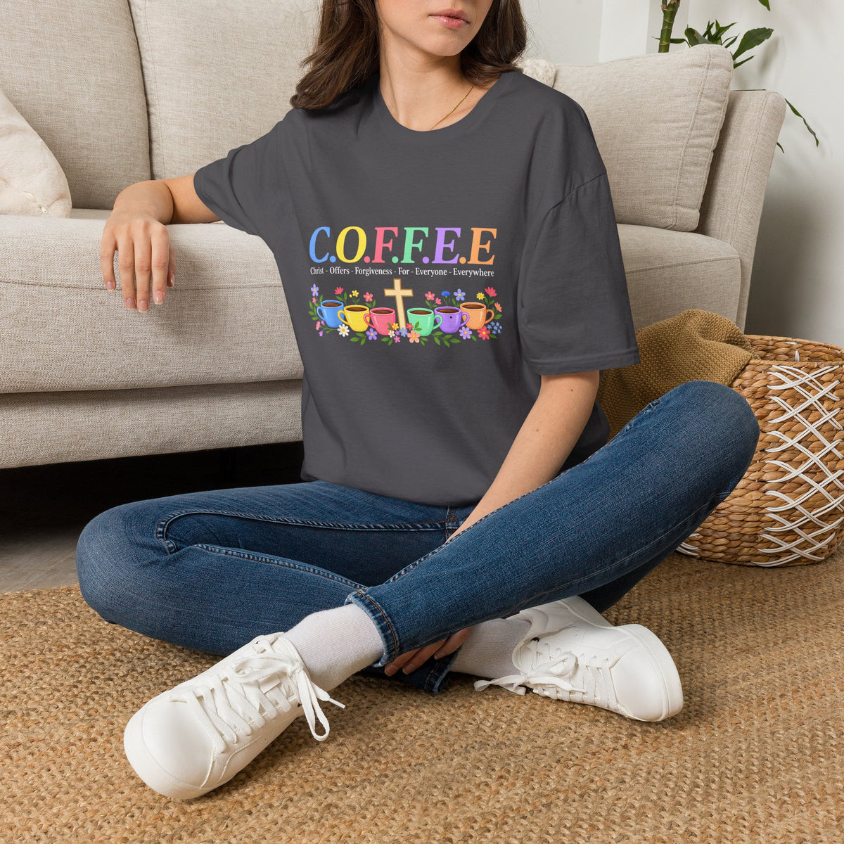 Coffee Lover Floral Graphic - C.o.f.f.e.e. (Christ - Offers - Forgiveness - For Everyone - Everywhere)  Softstyle T-Shirt