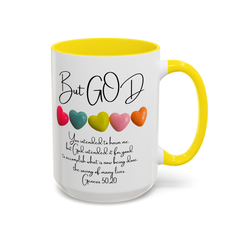 But God Scripture Coffee Mug — Genesis 50:20 Inspirational Heart Accent Mug (11/15oz)