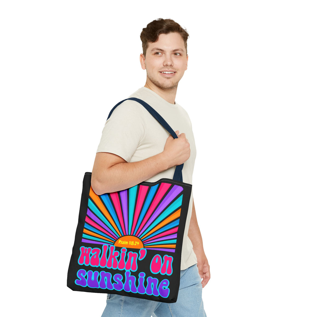 Lords Glory Sunrise Graphic Tote Bag — “Walkin' on Sunshine” Retro Psalm 118:24 Cotton AOP