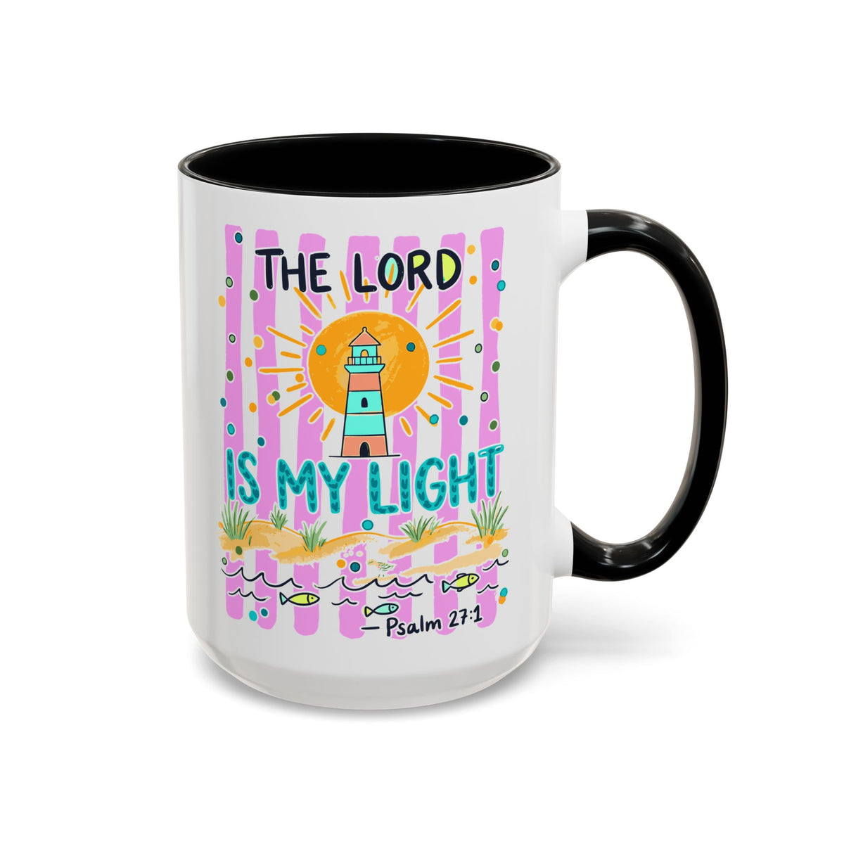 Christian Coffee Mug - "The Lord Is My Light" Lighthouse Psalm 27:1 Accent Mug