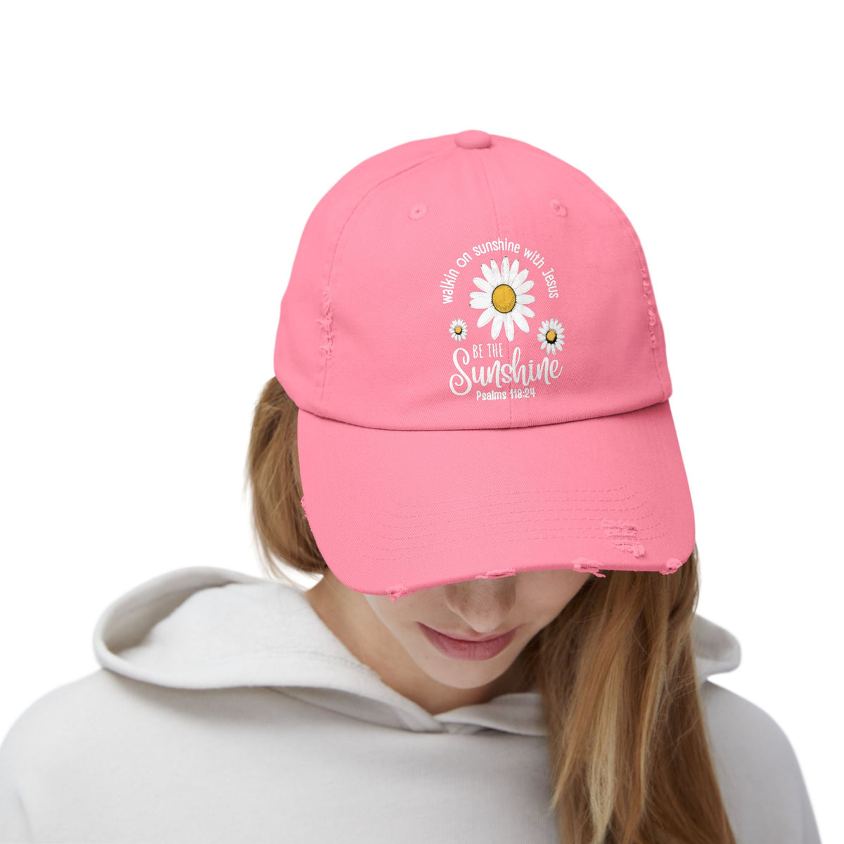 Walking on Sunshine Distressed Daisy Cap — "Be the Sunshine"  Mom and Dad Hat Psalms‬ ‭118‬:‭24