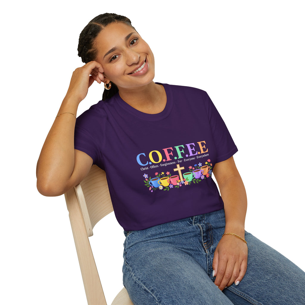 Coffee Lover Floral Graphic - C.o.f.f.e.e. (Christ - Offers - Forgiveness - For Everyone - Everywhere)  Softstyle T-Shirt