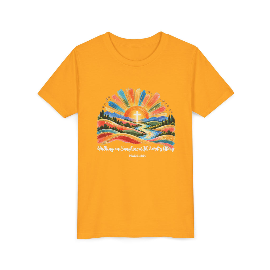 Youth Short Sleeve Tee – Walking On Sunshine with Lords Colorful Christian Sunrise Faith Shirt