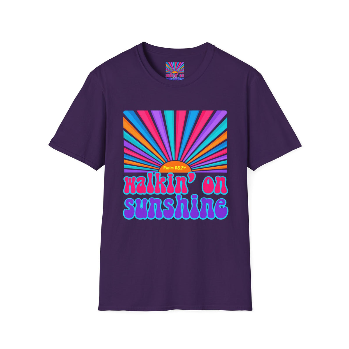 Walkin' On Sunshine Lords Glory with Lori Psalm 118:24 Retro T-Shirt — 70s Rainbow Sun Graphic Tee