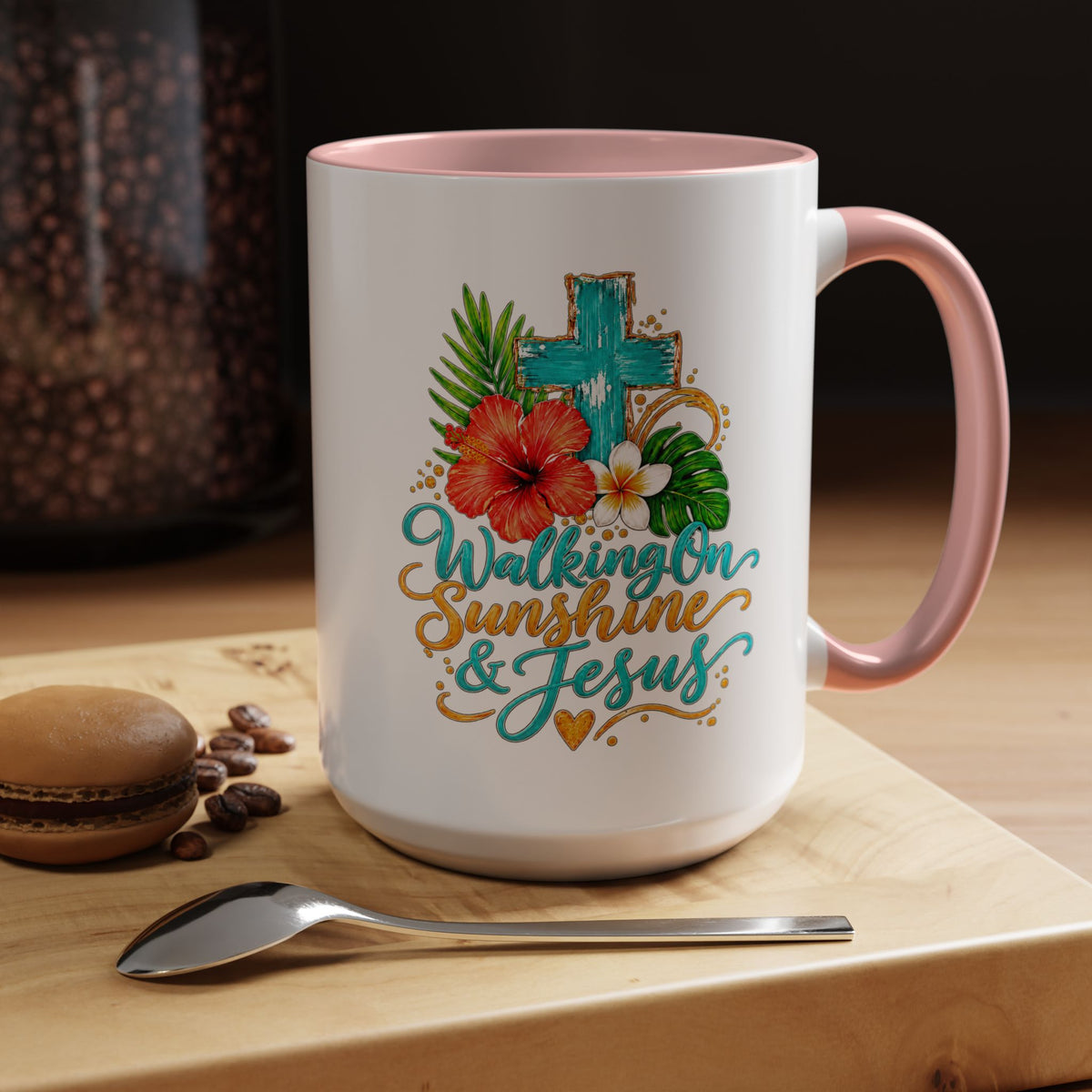 Walking on Sunshine & Jesus Coffee Mug – Floral Cross Accent Mug