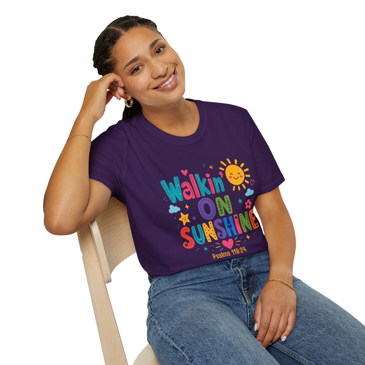 T-Shirt — "Walkin' on Sunshine" Bright Retro Sun Graphic Tee ‭‭Psalms‬ ‭118‬:‭24‬ ‭