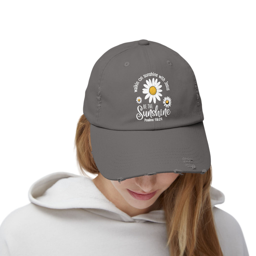 Walking on Sunshine Distressed Daisy Cap — "Be the Sunshine"  Mom and Dad Hat Psalms‬ ‭118‬:‭24