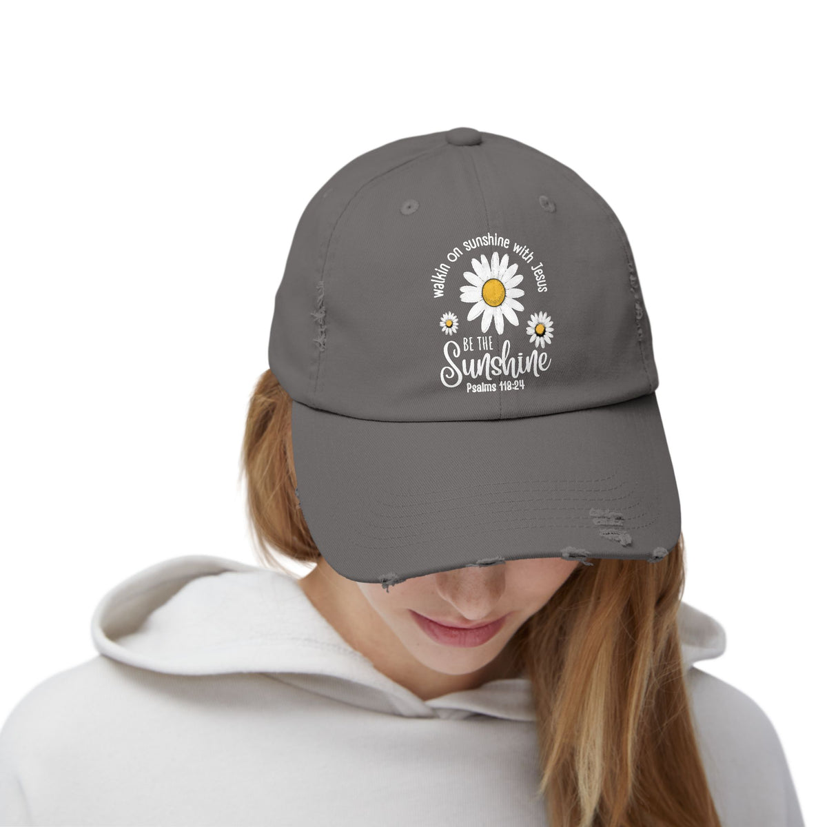 Walking on Sunshine Distressed Daisy Cap — "Be the Sunshine"  Mom and Dad Hat Psalms‬ ‭118‬:‭24